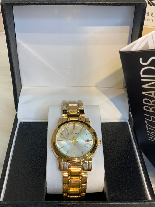 Burberry gold and white watch with box