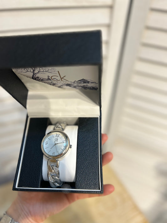 Calvin klein watch with box, silver and white